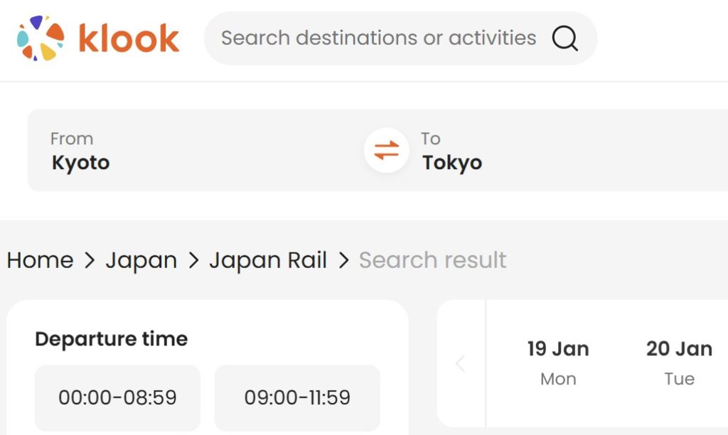 klook shinkansen booking screen