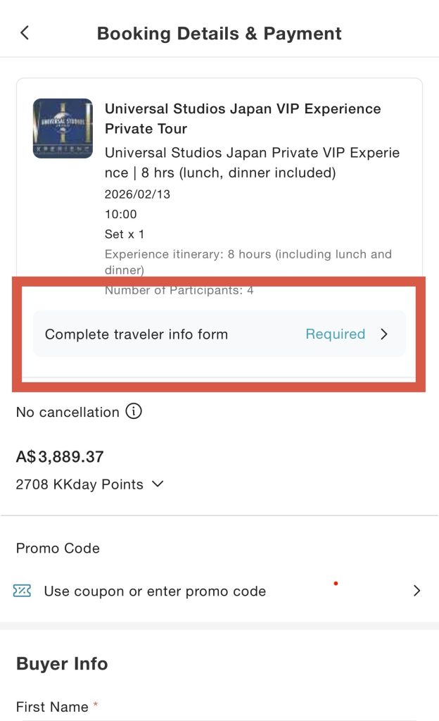 KKDay Information Form location on website checkout