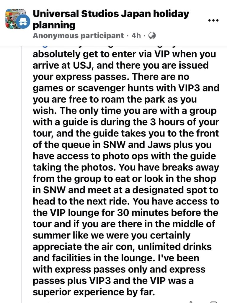 Universal Studios Japan Holiday Planning Facebook Post of a 3hr VIP Tour experience