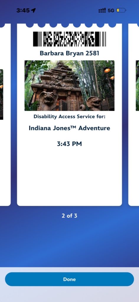 A Disneyland DAS Pass time-return ticket in the Disneyland App