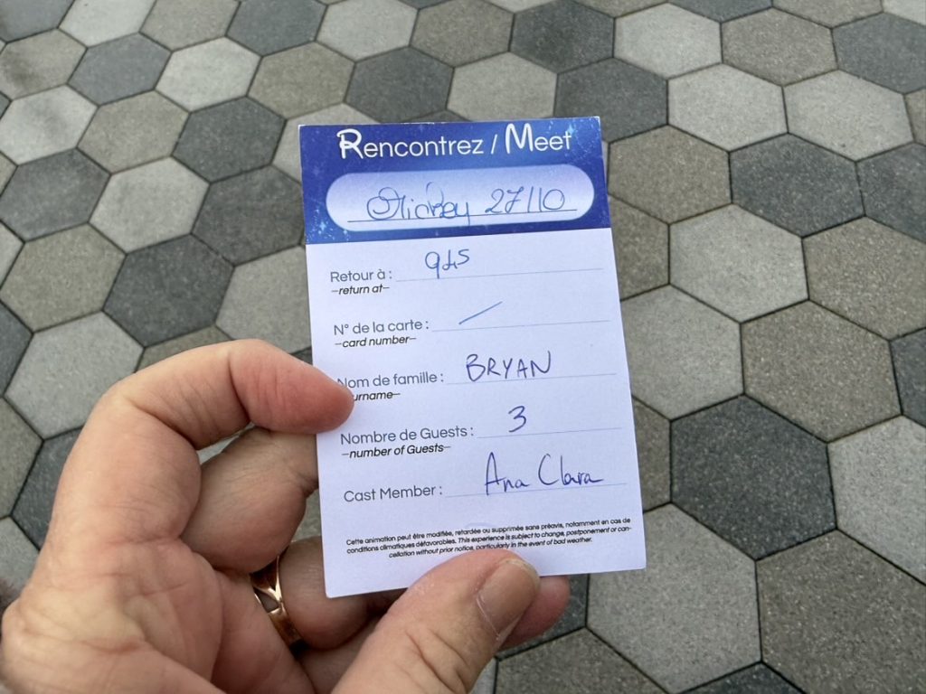 Our Mickey Mouse meet & greet time-return card