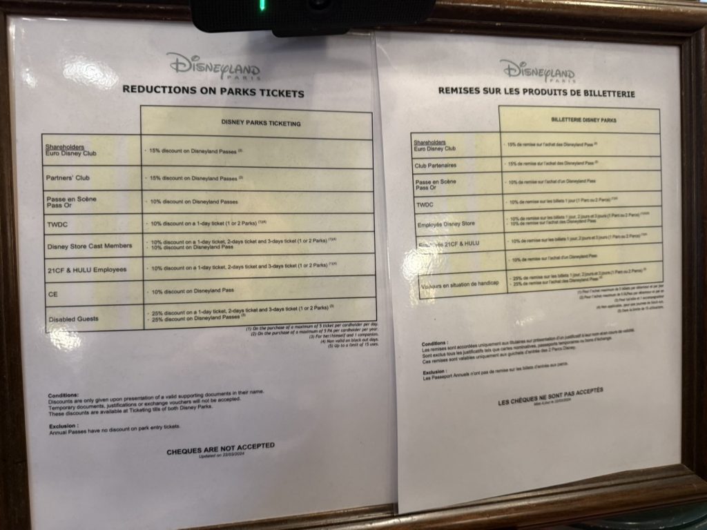 A list of ticket discounts at Guest Services which includes a disability discount